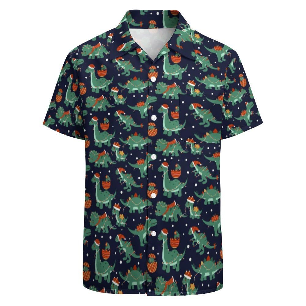 Dinosaur Christmas Hawaiian Shirt for Men Regular Fit Short Sleeve Button Down Shirt Dinosaur Christmas Themed Clothing Holiday Beach Shirts