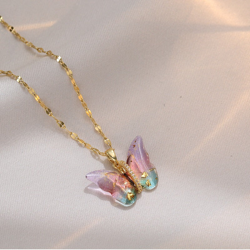 Colorful Butterfly Pendant Clavicle Chain Necklace for Girls