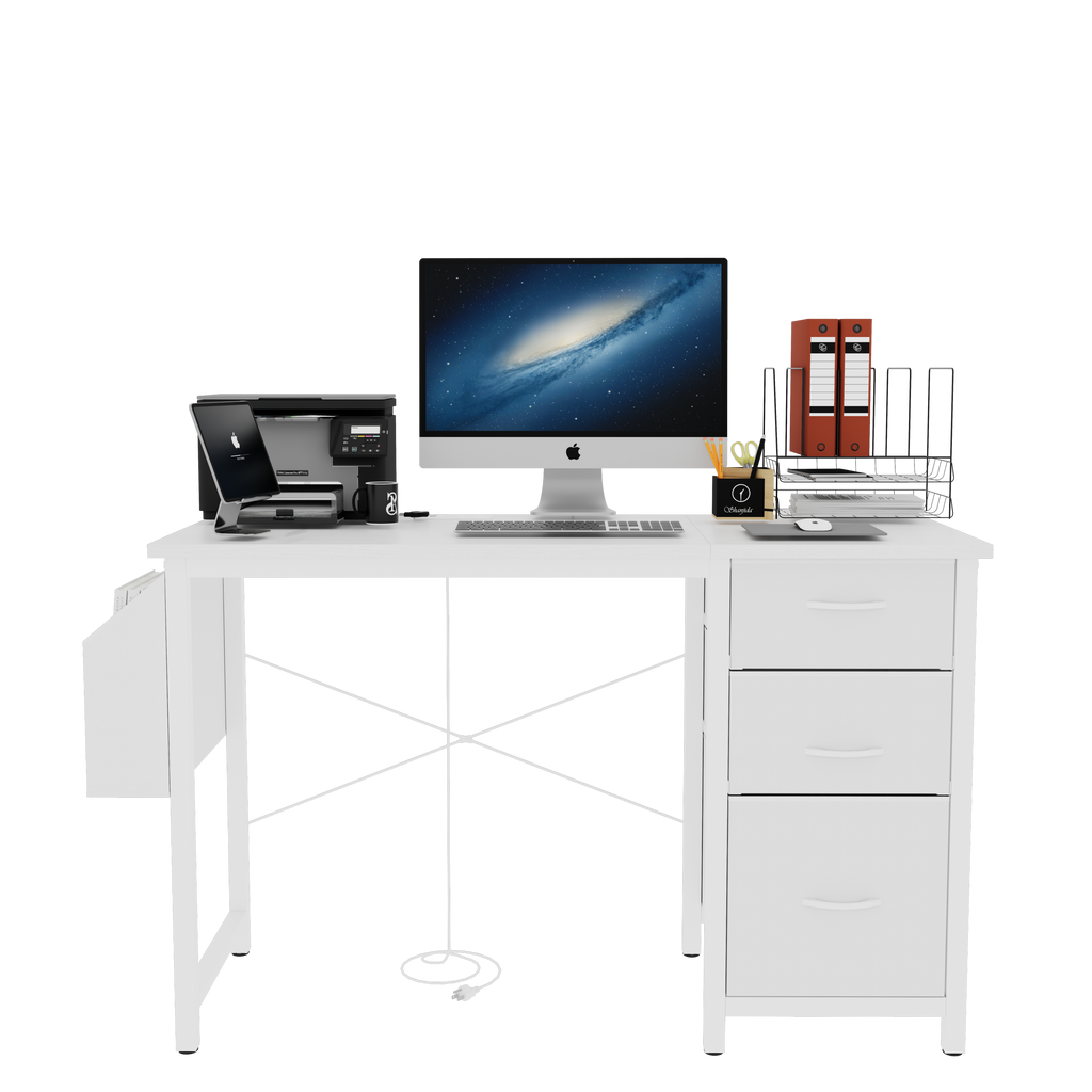 47.3'office desk with power outlet,3 drawers,Side Pocket, Study Desk Easy to Assemble,Frame stability Reversible for home desk, company computer desk, game table,Vanity table, white