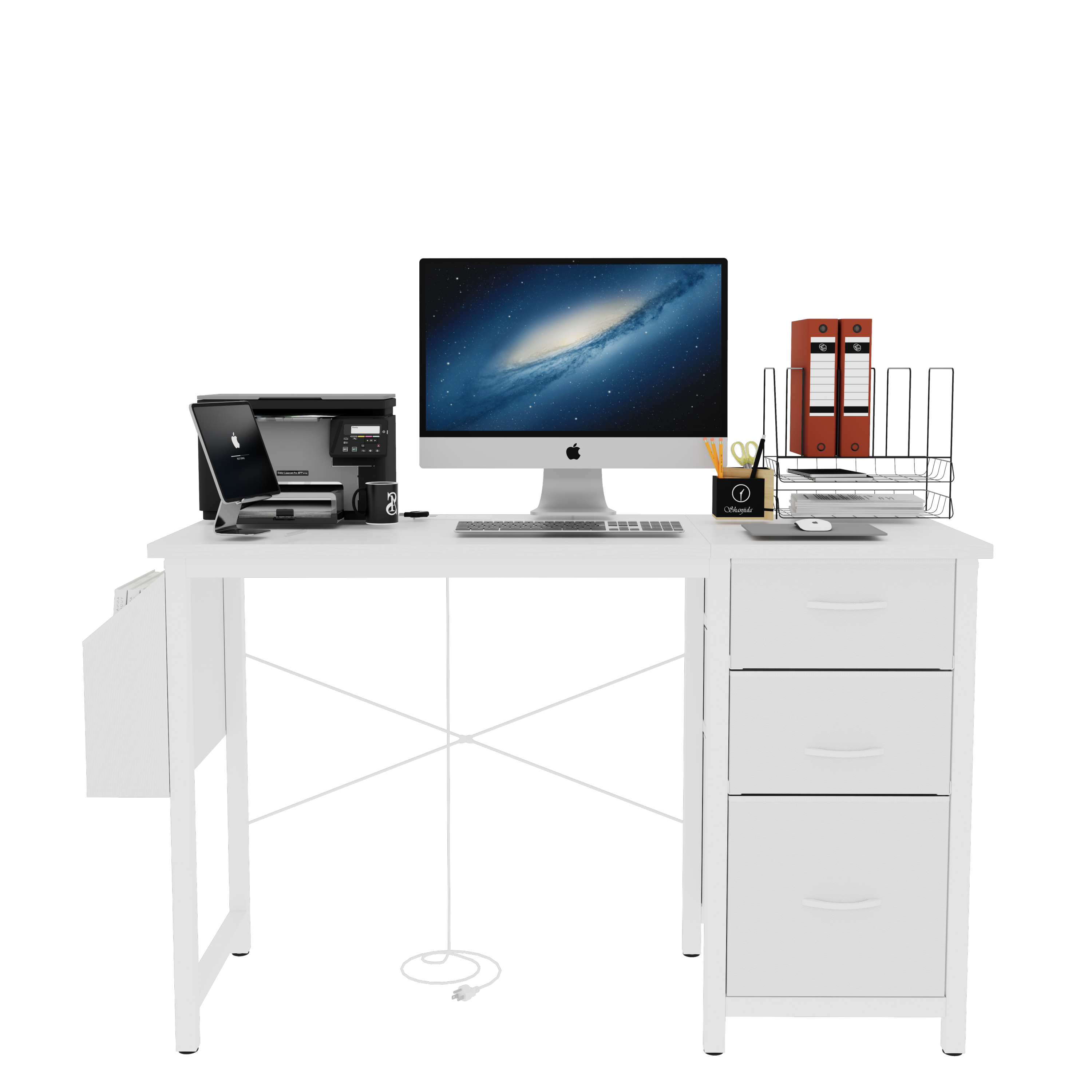 47.3'office desk with power outlet,3 drawers,Side Pocket, Study Desk Easy to Assemble,Frame stability Reversible for home desk, company computer desk, game table,Vanity table, white
