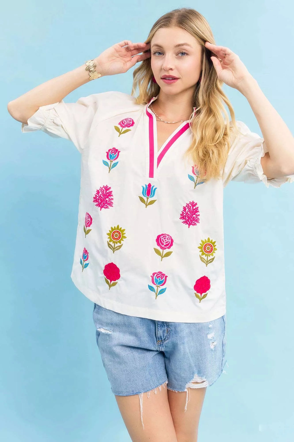 Umgee Embroidered Floral Top with Contrast Trim