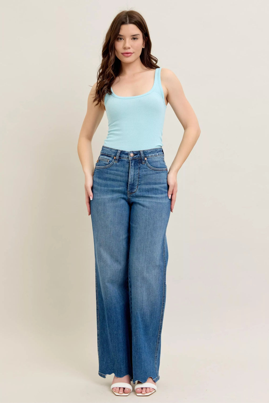 Judy Blue Full Size High Waist Tummy Control Chew Hem Destroyed Wide Jeans Plus Size