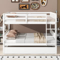 Full Over Full Rubber Wood Bunk Bed with Trundle, Ladder and Guardrails, Convertible to 2 Full Size Beds, with Twin Size Trundle,White