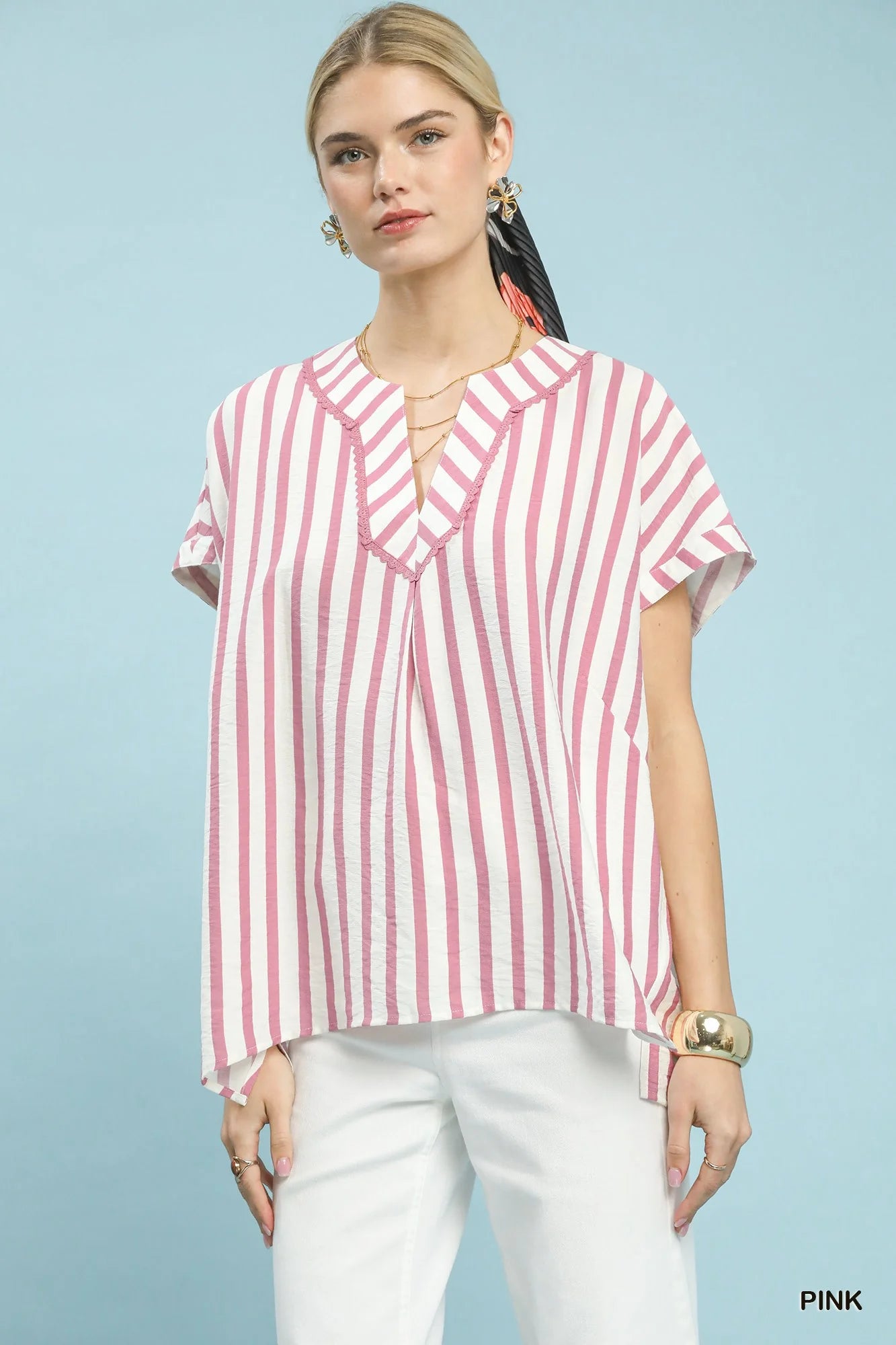 Umgee Mixed Stripe Split Neck Oversized Blouse