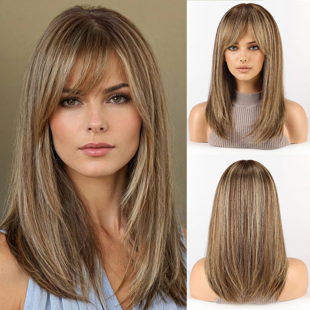 RSY Ash Brown Straight Human Hair Wigs for Women Shoulder Length and Layered Real Hair Wig with Bangs for Daily Party Use