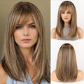 RSY Ash Brown Straight Human Hair Wigs for Women Shoulder Length and Layered Real Hair Wig with Bangs for Daily Party Use