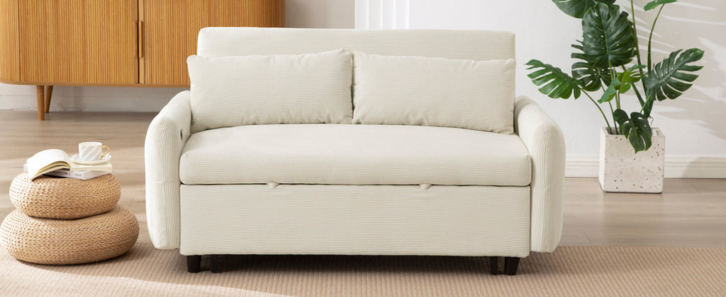 Modern Convertible Pull-out Sofa Bed with USB Ports and Pillows, Beige Corduroy, 57.48 inches