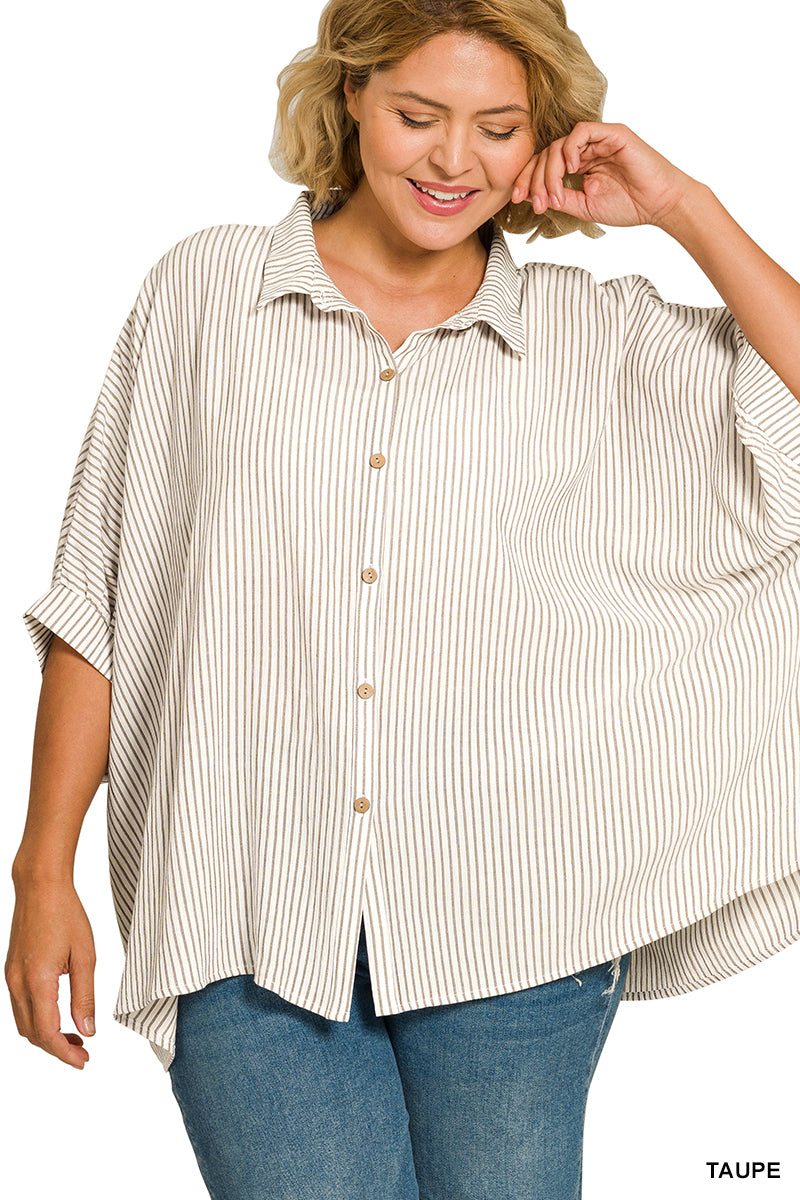 Zenana Full Size Woven Stripe Button Down Boxy Shirt Plus Size
