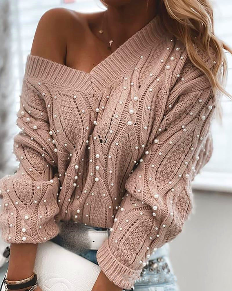 New Women's V-Neck Bubble Knit Sweater in Pink