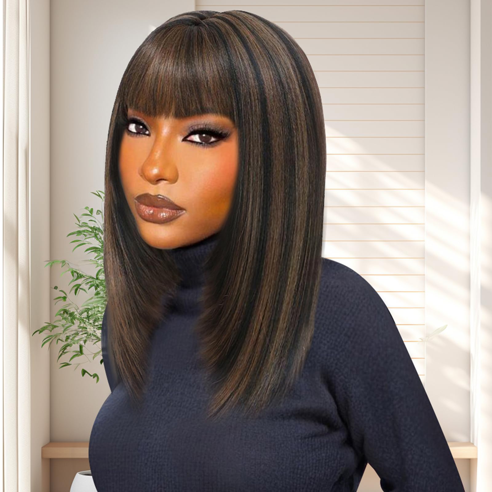 INSTASTYLE Black Mix Brown Bob Wig with Bangs 14inch Short Wigs for Black Women Brown Highlight Wig Ready and Go Glueless Wig Synthetic Straight Bob Wig for Daily Use