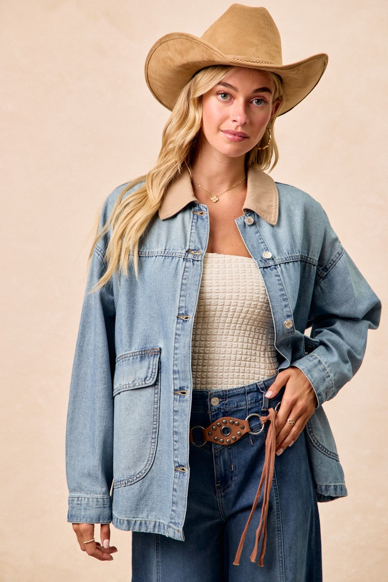 BiBi Washed Denim Jacket with Contrast Collar Detail