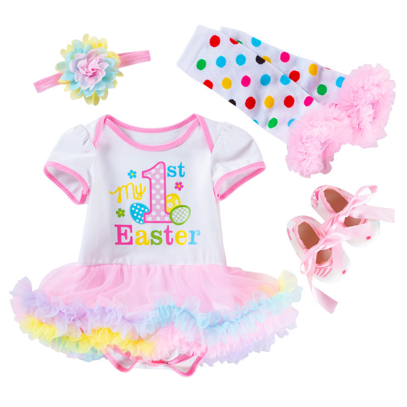 New Baby Easter Romper Dress Cartoon 4-Piece Set
