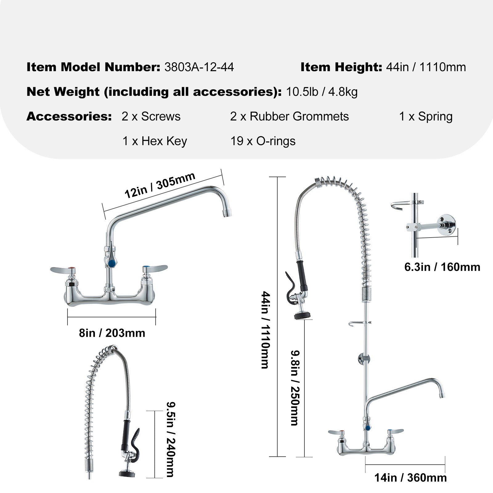 Commercial Faucet with Pre-Rinse Sprayer, 44' Height, 8' Center, 12' Swing Spout, Wall Mount Kitchen Sink Faucet, Brass Constructed Device with Pull Down Spray, for 1/2/3 Compartment Sink
