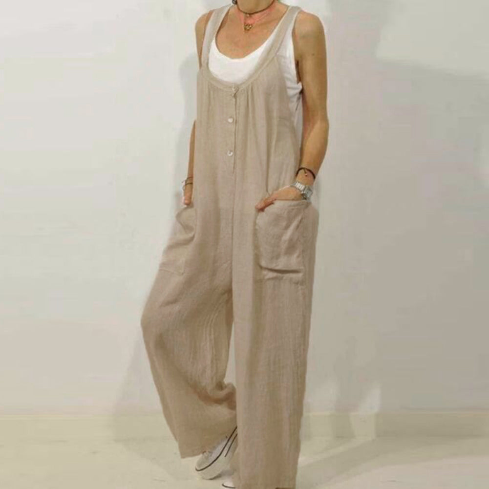 Casual Women's Sleeveless Cotton Linen Wide Leg Jumpsuit