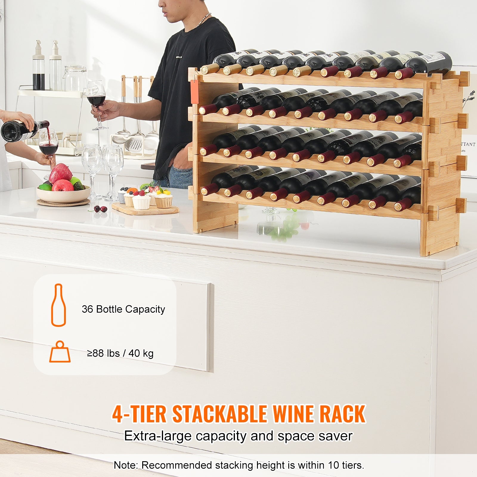 36 Bottle Stackable Modular Wine Rack Bamboo Wood Display Shelf 4-Tier