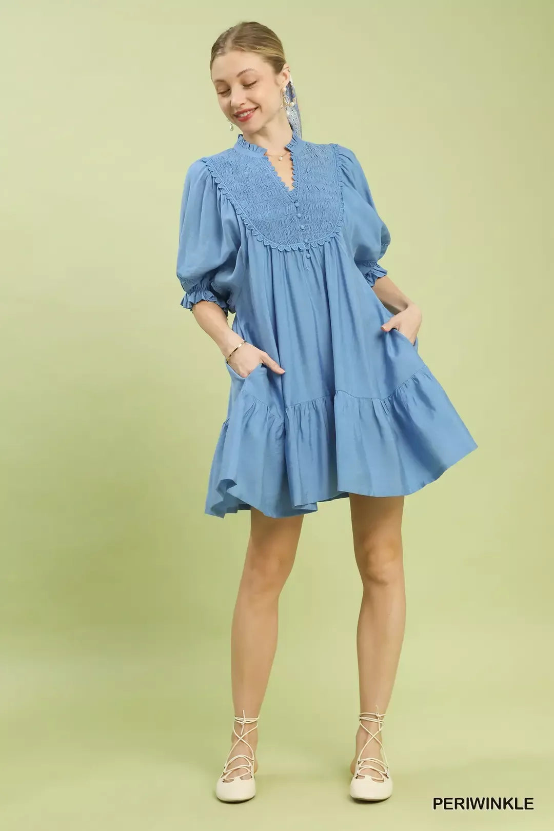 Umgee Smocked Bib Ruffle Hem Babydoll Dress