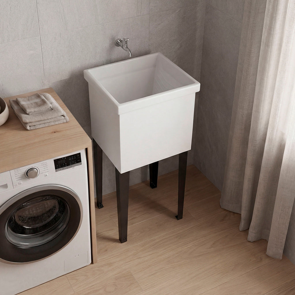 Bari Freestanding and Compact Plastic Laundry Utility Sink with Four Legs, Utility Tub for Laundry Room, Garage or Kitchen