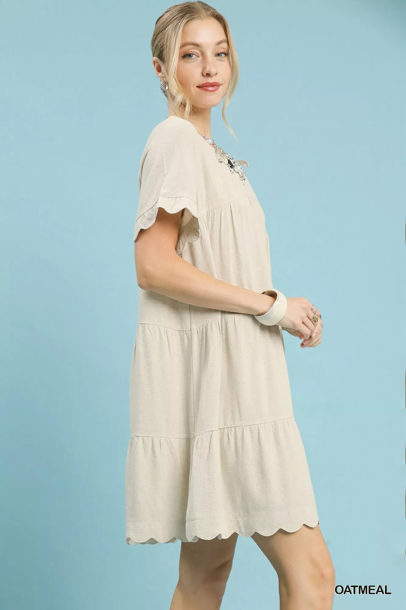 Umgee Linen Tiered Babydoll Dress with Ruffle Sleeves
