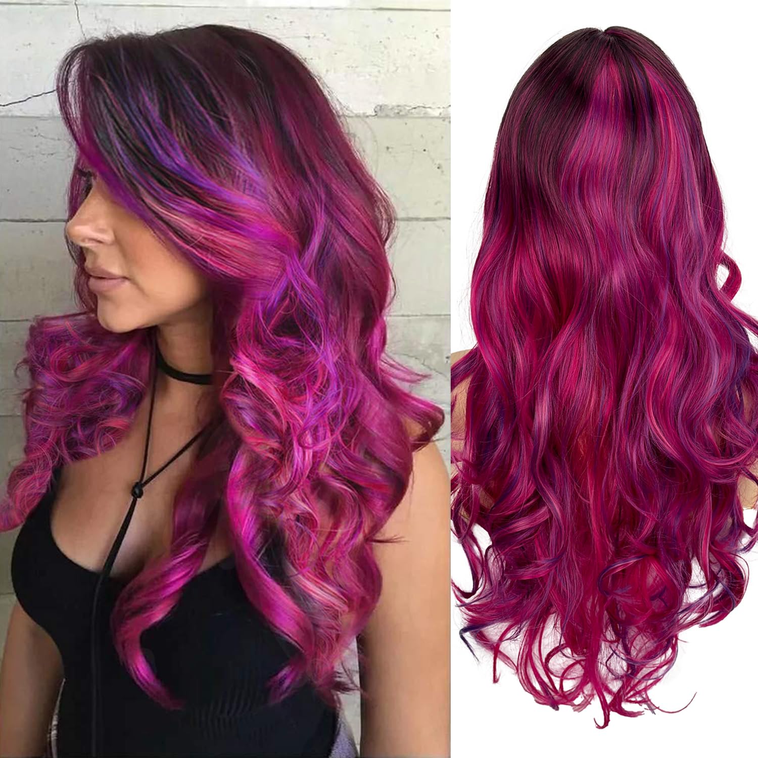 Sabosi Long Purple Ombre Curly Wig for Women Colorful Wig Cosplay Costume Wig Long Natural Loose Wavy for Halloween Costume Wig