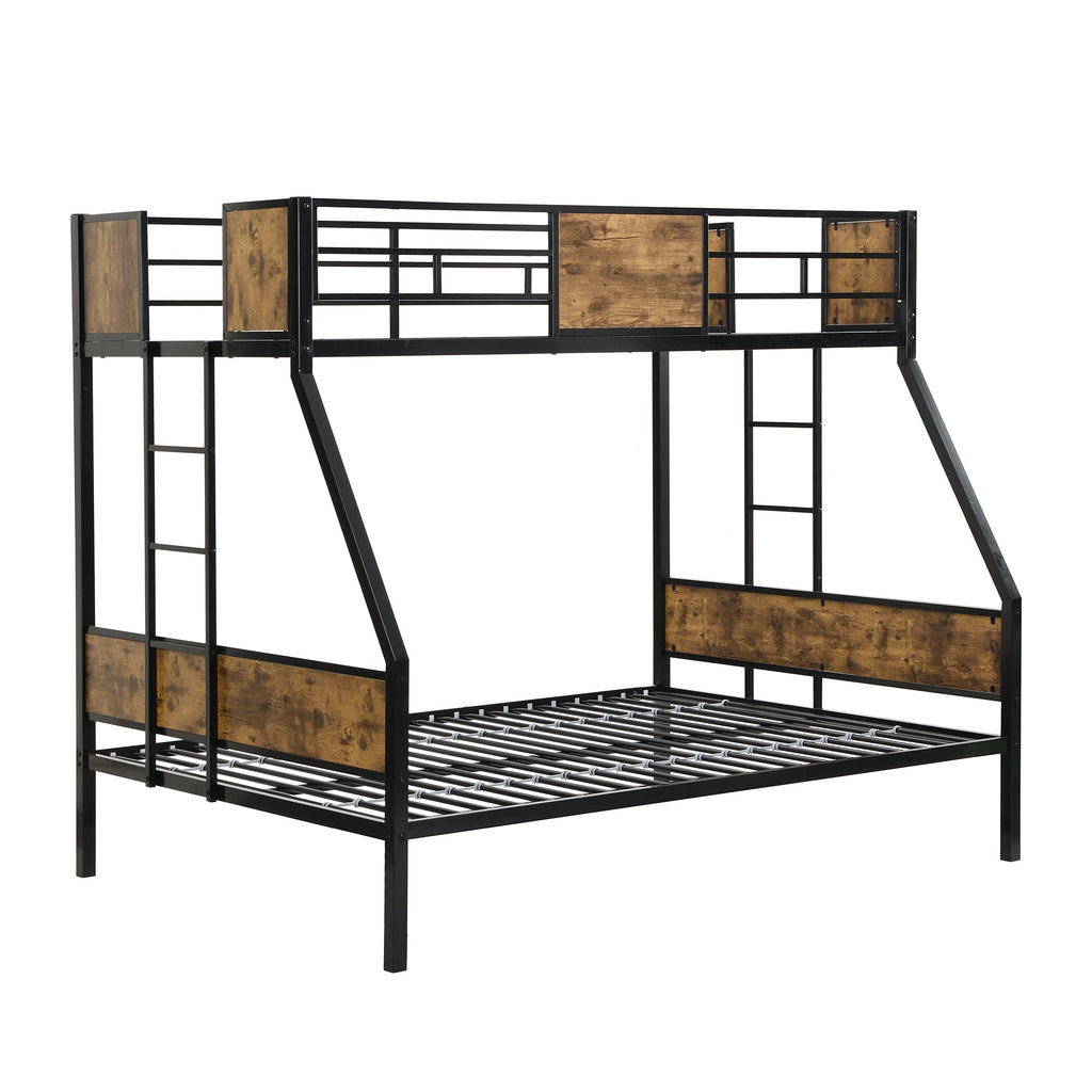 Modern Twin Over Full Metal Bunk Bed with 2-Side Ladder, Full-Length Guardrail, No Box Spring Needed, Black & Brown