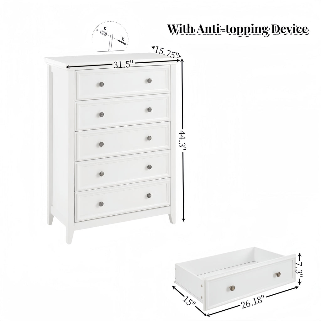 Modern 5 Drawers Dresser 5 Drawers Cabinet,Chest of Drawers Closet Organizers and Storage Clothes Storage Drawers Cabinet for Living Room, Farmhouse Dresser Organizer WHITE