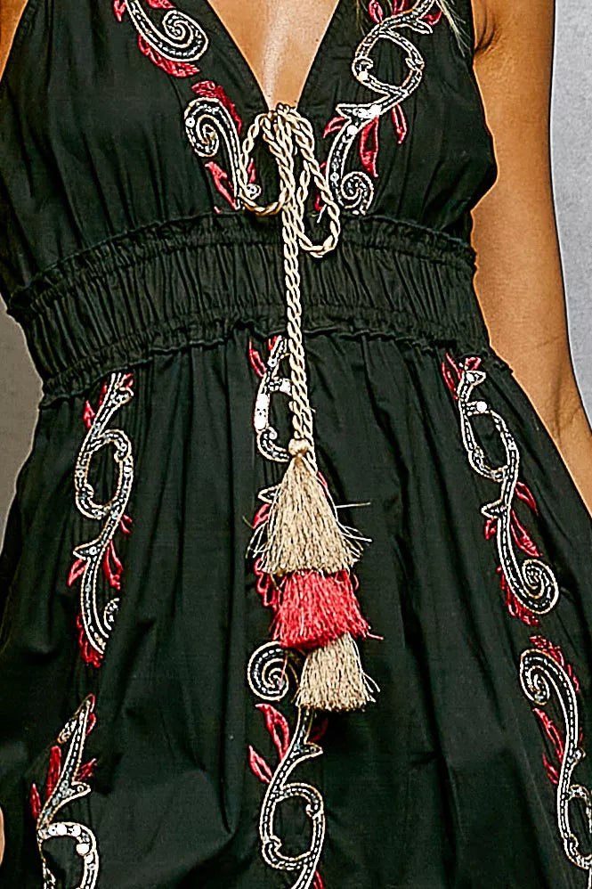 POL Embroidered Detail Tassel Tie Smocked Waist Midi Tiered Cami Dress