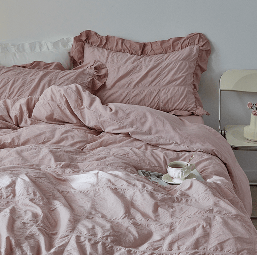 Earth Tone Marshmallow Puff Ruffle Bedding Set / Pumpkin Brown