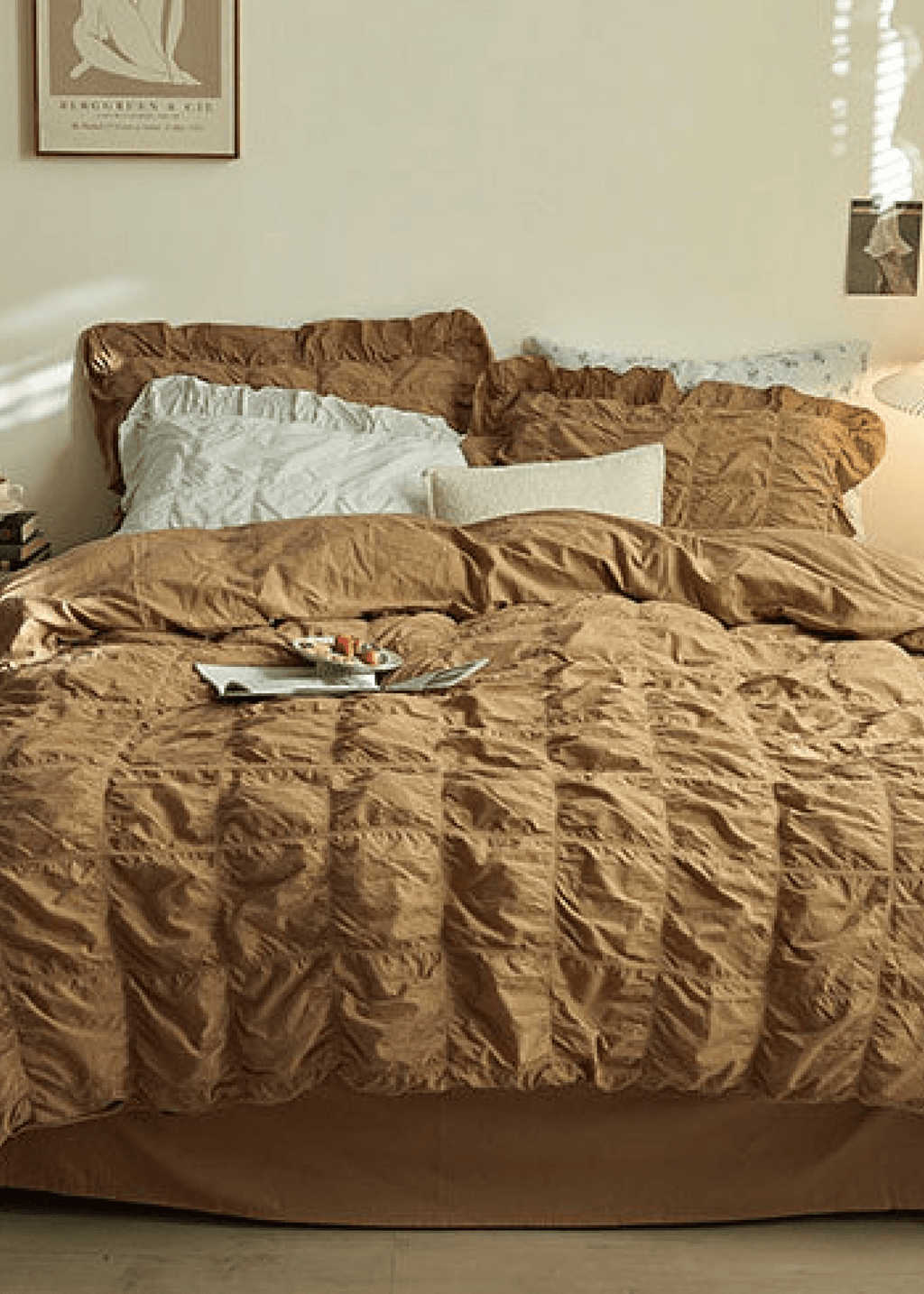 Earth Tone Marshmallow Puff Ruffle Bedding Set / Rust Pink