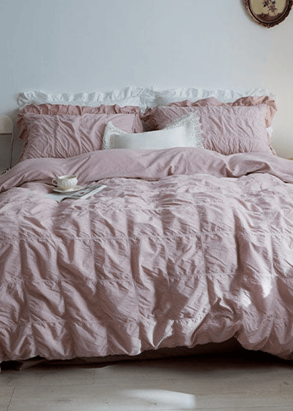 Earth Tone Marshmallow Puff Ruffle Bedding Set / Rust Pink