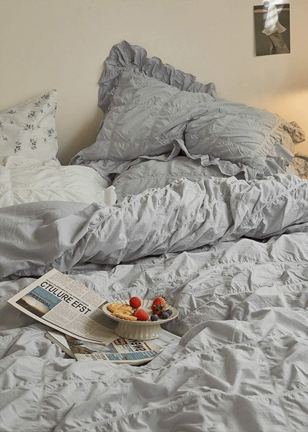 Earth Tone Marshmallow Puff Ruffle Bedding Set / White