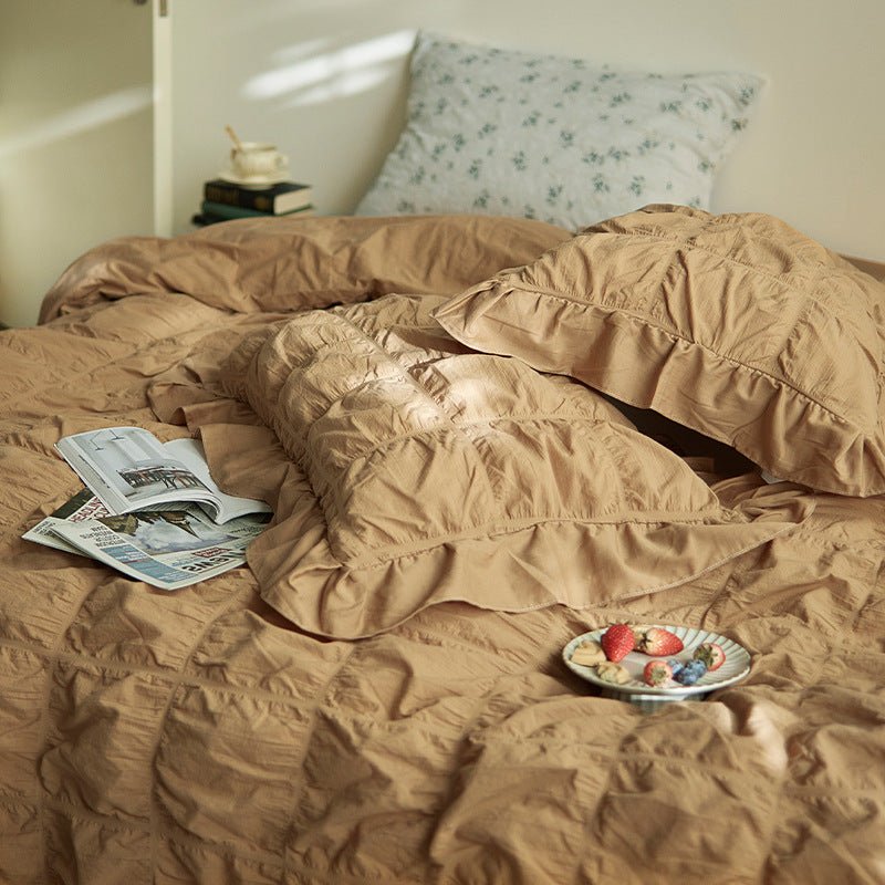 Earth Tone Marshmallow Puff Ruffle Bedding Set / White