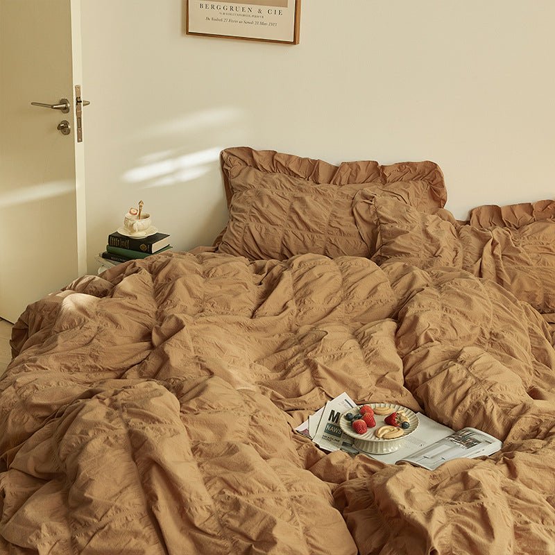 Earth Tone Marshmallow Puff Ruffle Bedding Set / White