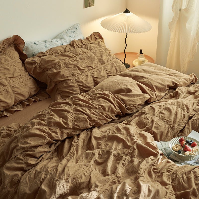 Earth Tone Marshmallow Puff Ruffle Bedding Set / White