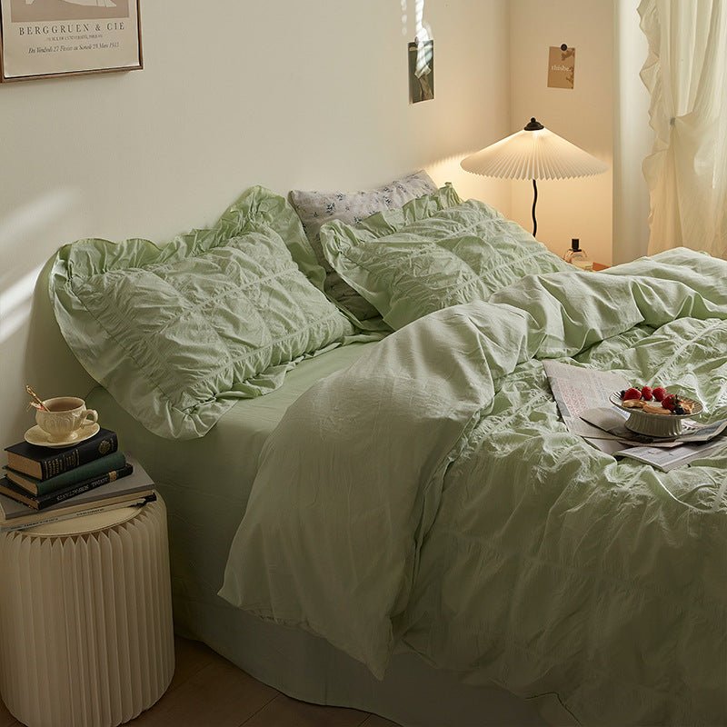 Earth Tone Marshmallow Puff Ruffle Bedding Set / White