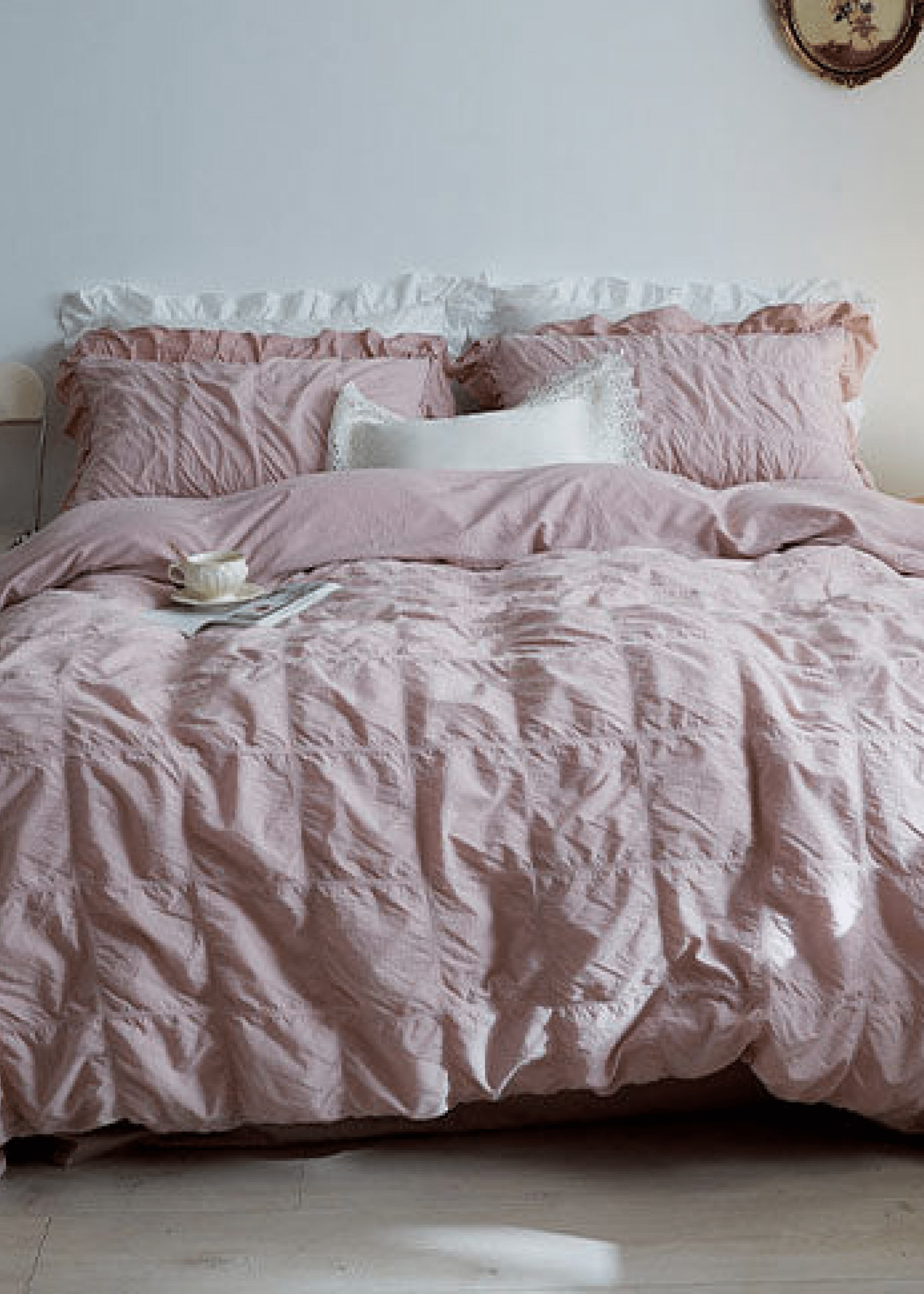 Earth Tone Marshmallow Puff Ruffle Bedding Set / White