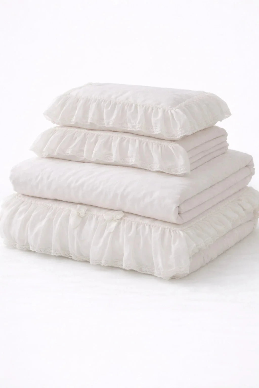 Earth Tone Marshmallow Puff Ruffle Bedding Set / White