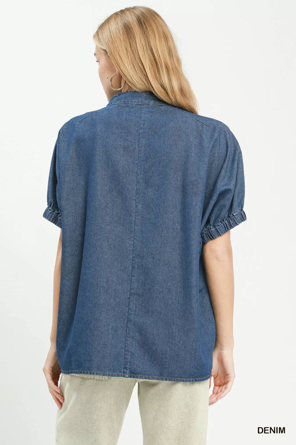 Umgee Embroidered Denim Puff Sleeve Top