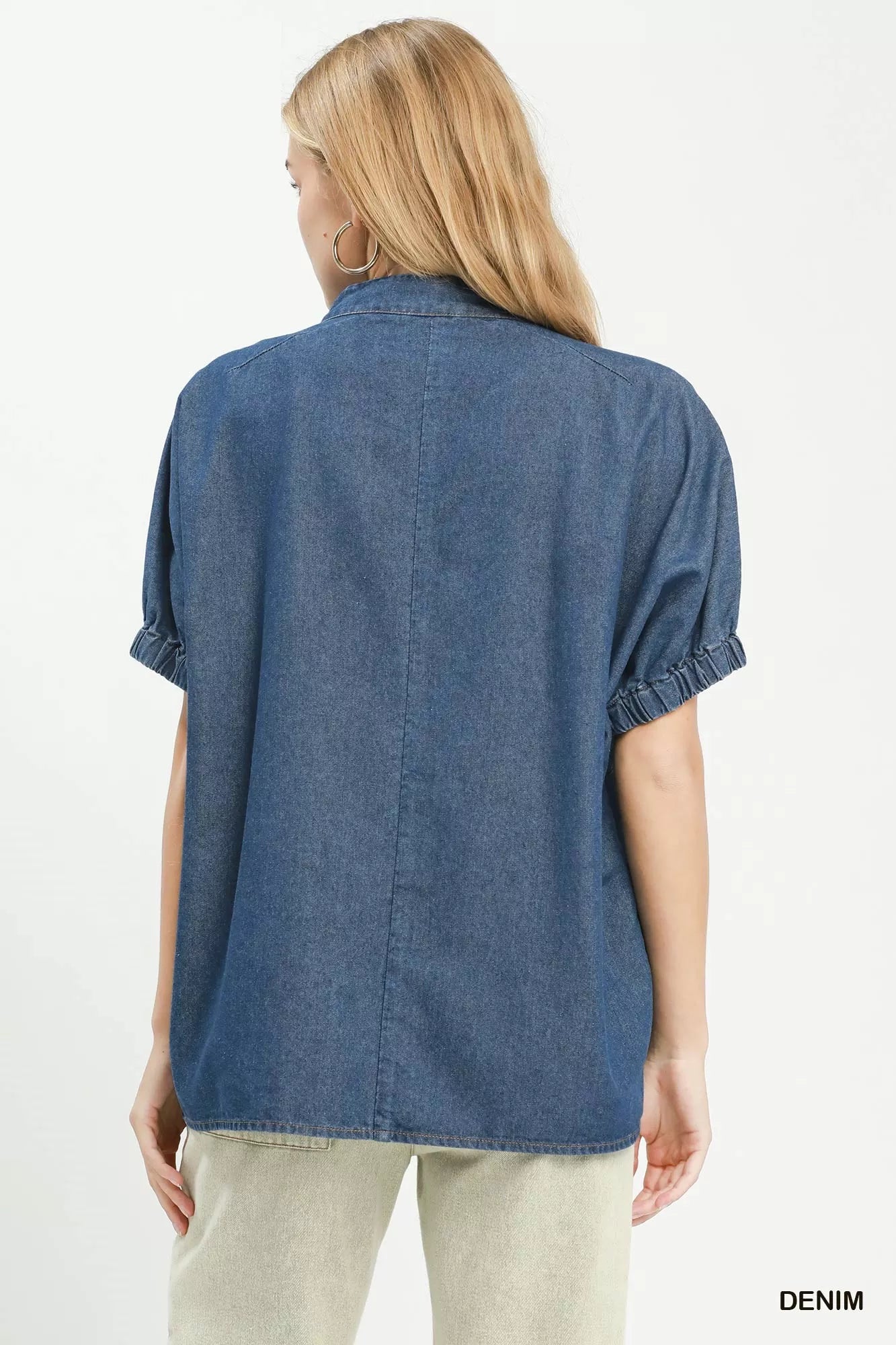 Umgee Embroidered Denim Puff Sleeve Top