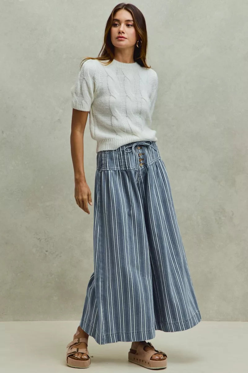 SO ME Mid Rise Stripe Denim Washed Pleat Wide Leg Pants