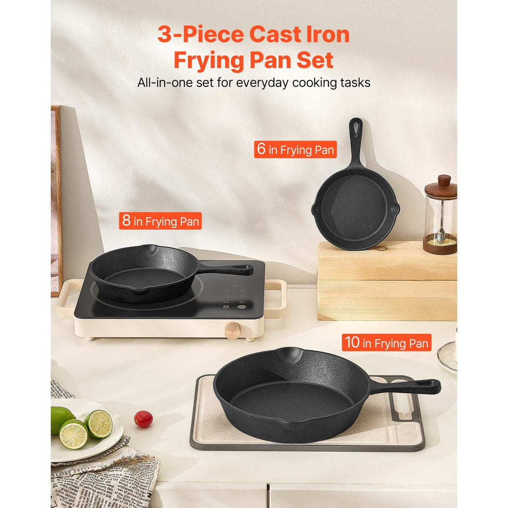 3 Piece Cast Iron Skillet Frying Pan Set 6 8 10 in Handle Pre-Seasoned Black