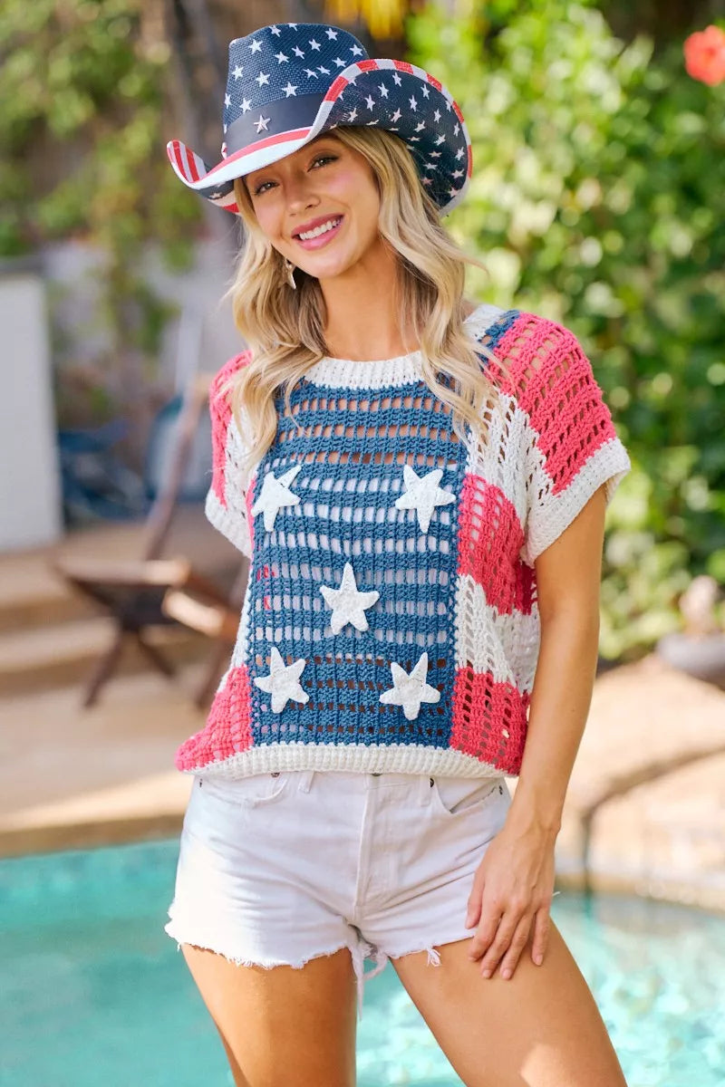 BiBi Crochet Star Patches 4th Of July Sweater Cover Up