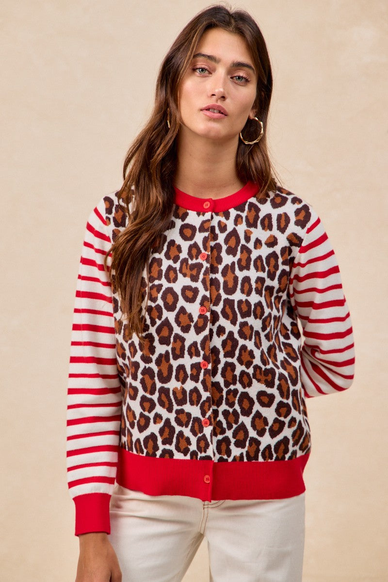 BiBi Leopard With Stripe Combo Buttoned Cardigan