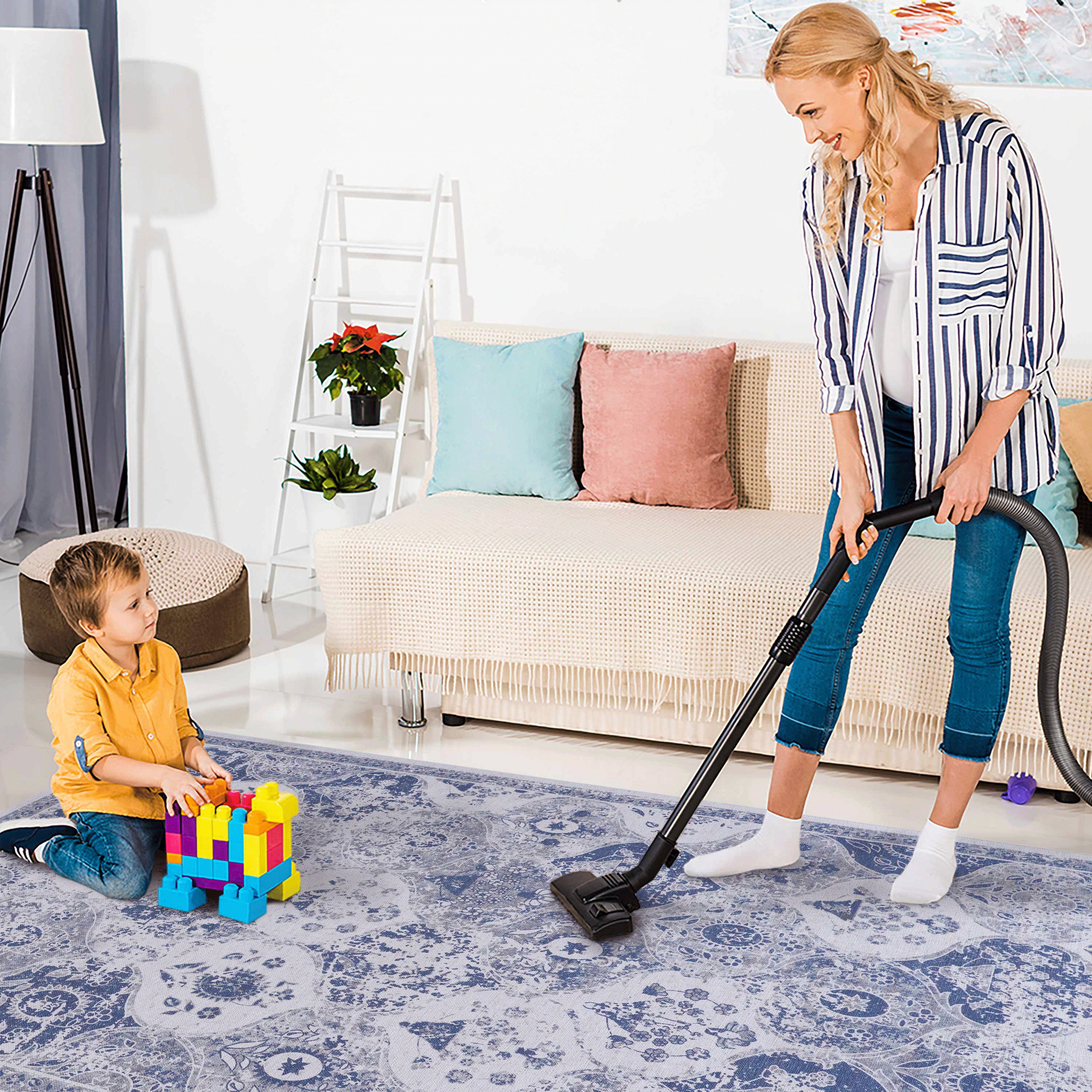 LOOM & LUXE Blue Area Rug 5x8, Washable Rug, Low-Pile, Non-Slip, Non-Shedding, Foldable, Kid & Pet Friendly - Area Rugs for living room, bedroom, kitchen (Blue, 5' x 8')