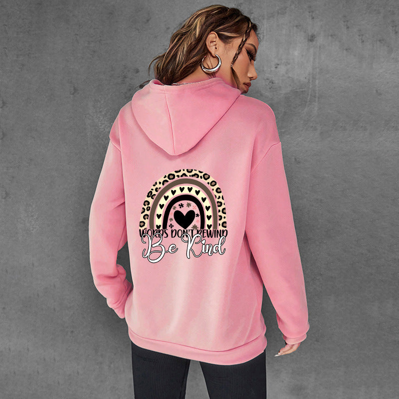 "Be Kind Letter Print Hooded Brushed Hoody for Women"