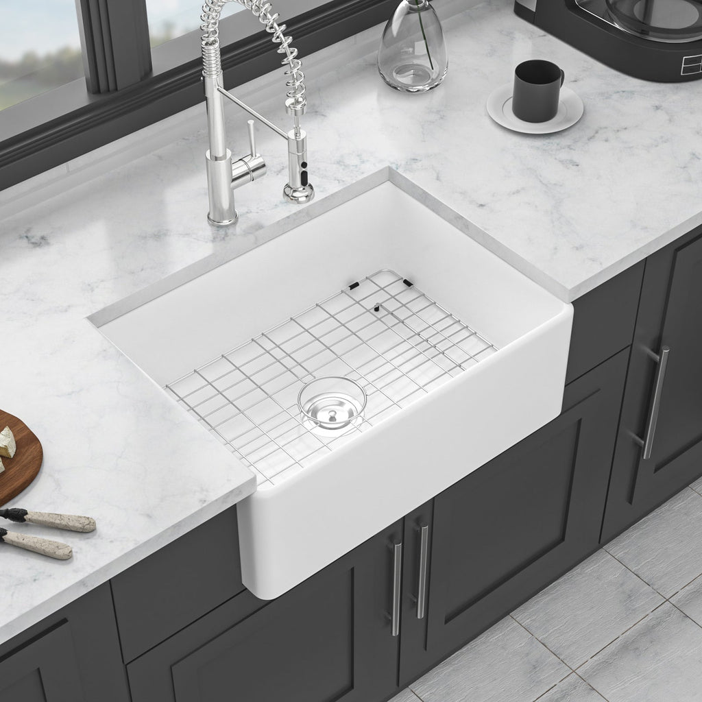 28 Inch White Farmhouse Sink Ceramic Single Bowl with Drain Assembly and Bottom Grid