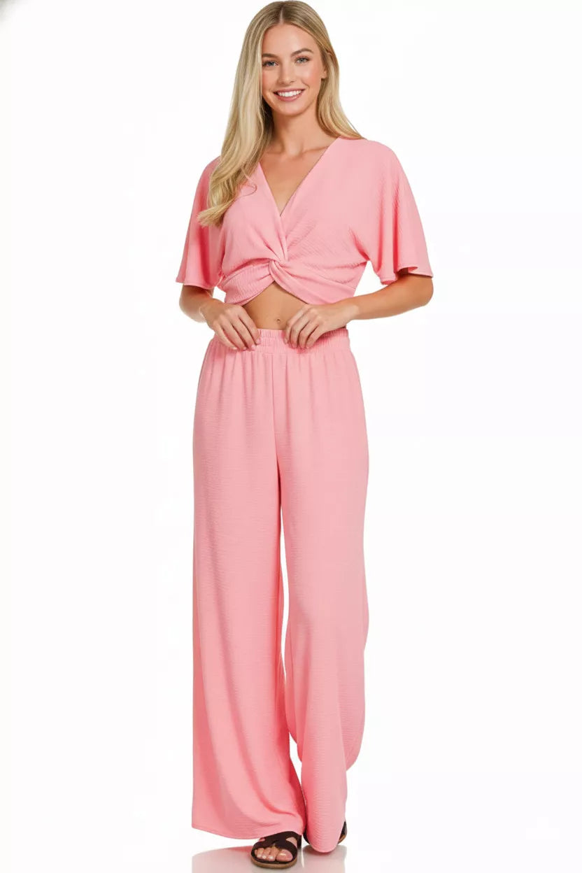 Zenana Woven Airflow Twisted Top & Wide Leg Pants Set