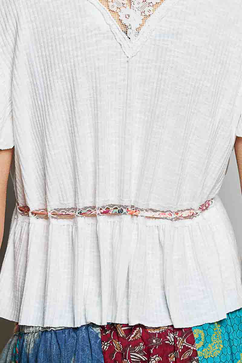 POL Tied Ruffled V-Neck Short Sleeve Blouse with Lace Detail