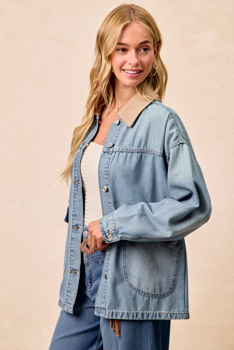 BiBi Washed Denim Jacket with Contrast Collar Detail