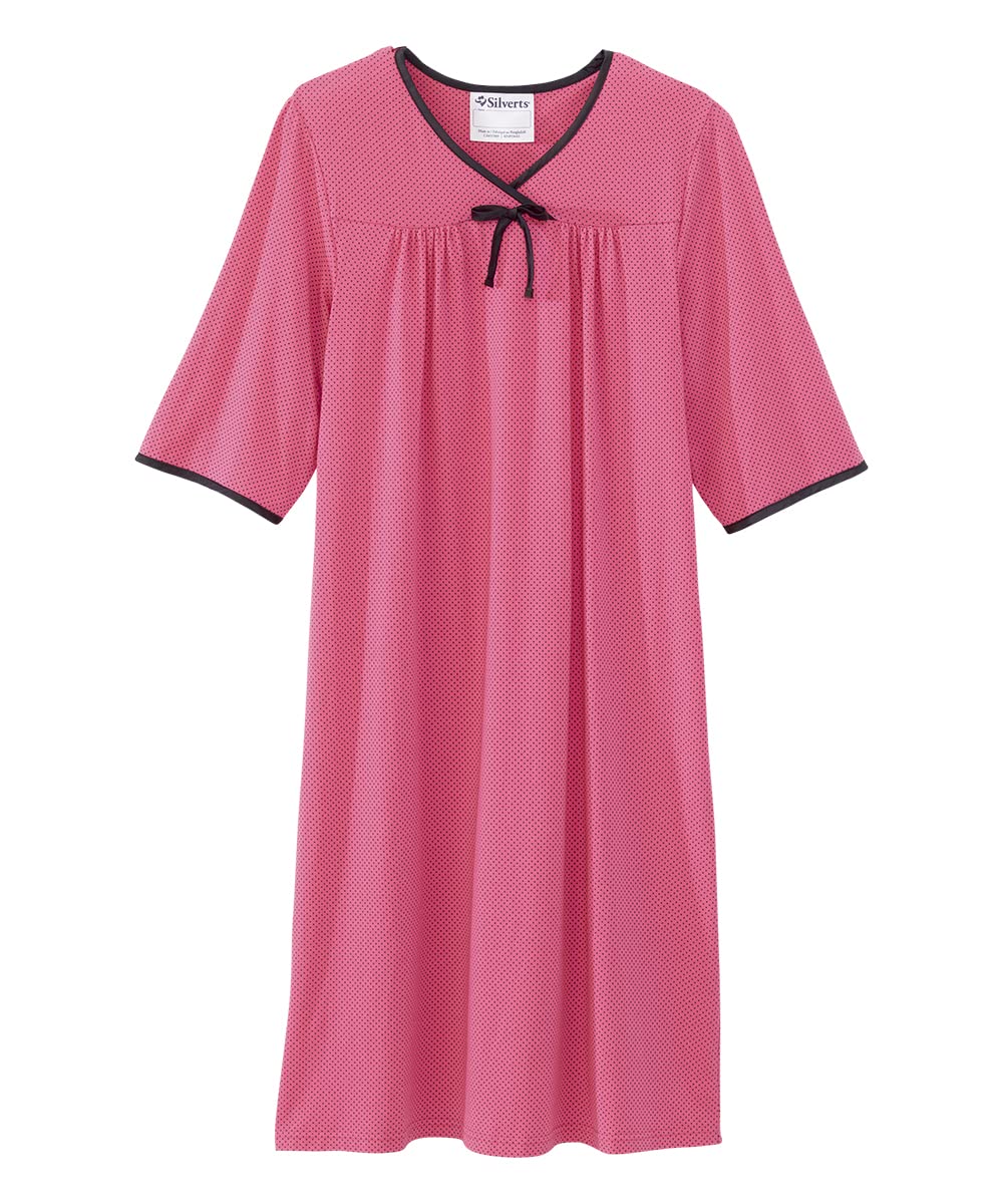 Silverts Open Back Hospital Gowns for Women - Night Gowns for Elderly Women Post Surgery Clothing for Women Adaptive Clothing for Women | Bedridden Patient Clothing - Pink Party Polka Dot 3XL