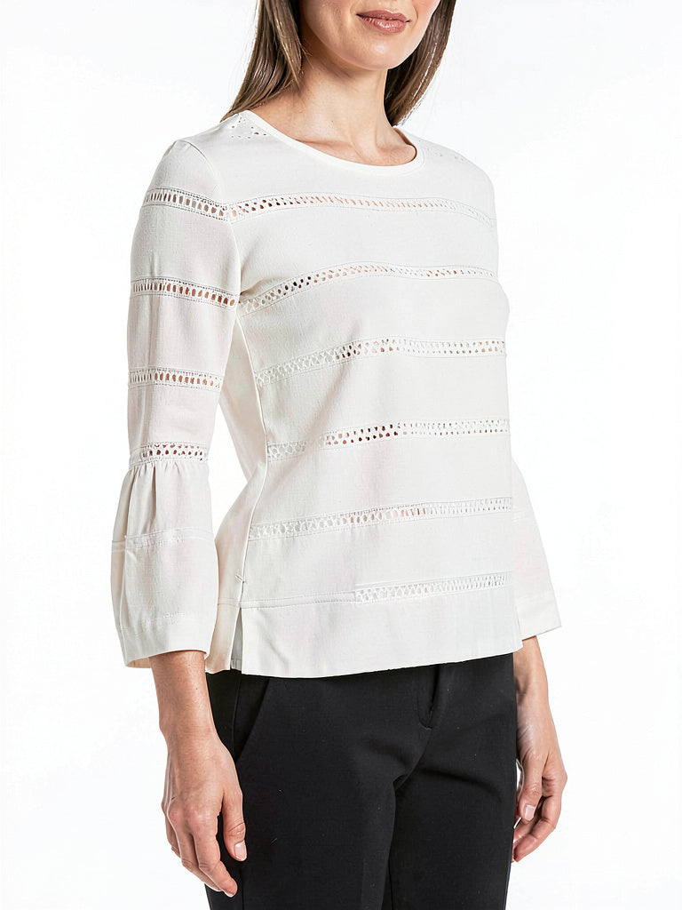 Avec Women's Pointelle Bell Sleeve Top, White, Size Large